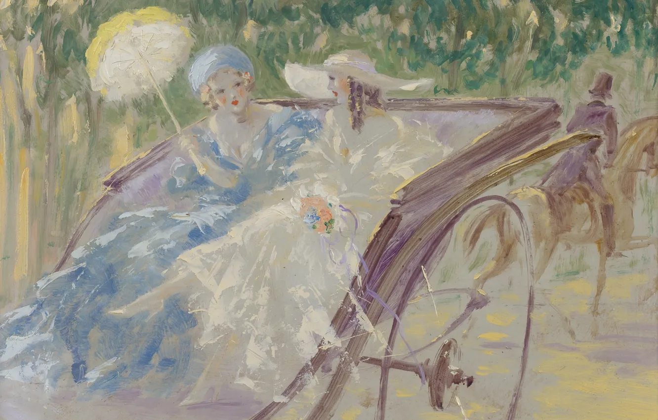Фото обои зонтик, Louis Icart, Две элегантных дамы в карете