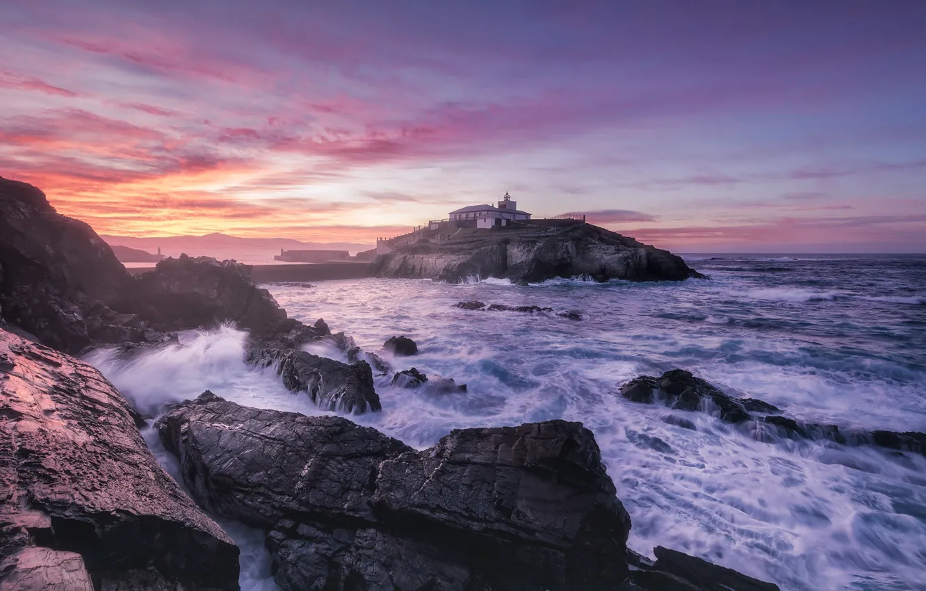 Фото обои море, закат, океан, скалы, маяк, Испания