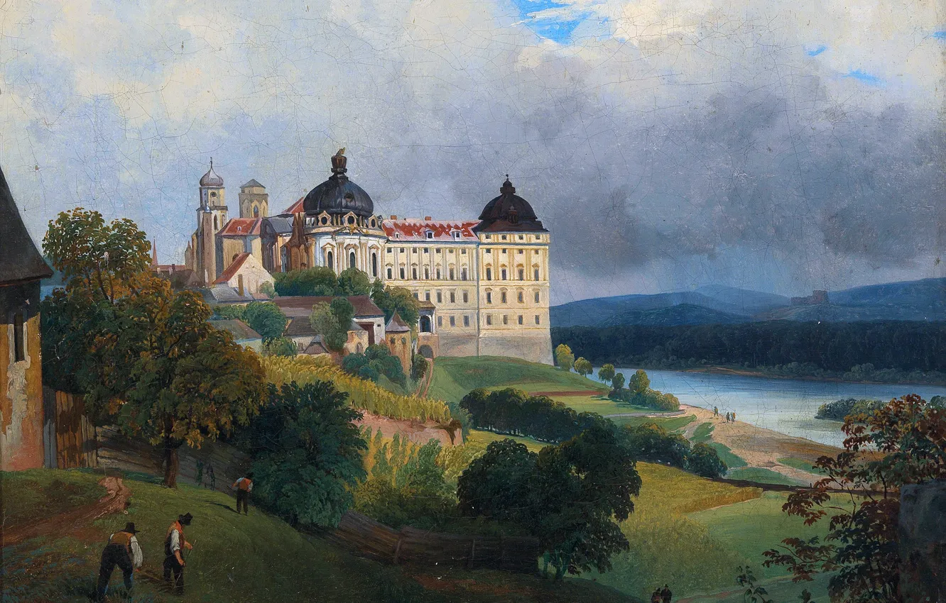 Фото обои Дома, Деревья, Река, Люди, Картина, Австрийский художник, Joseph Gerstmeyer, Вид на Клостернойбург
