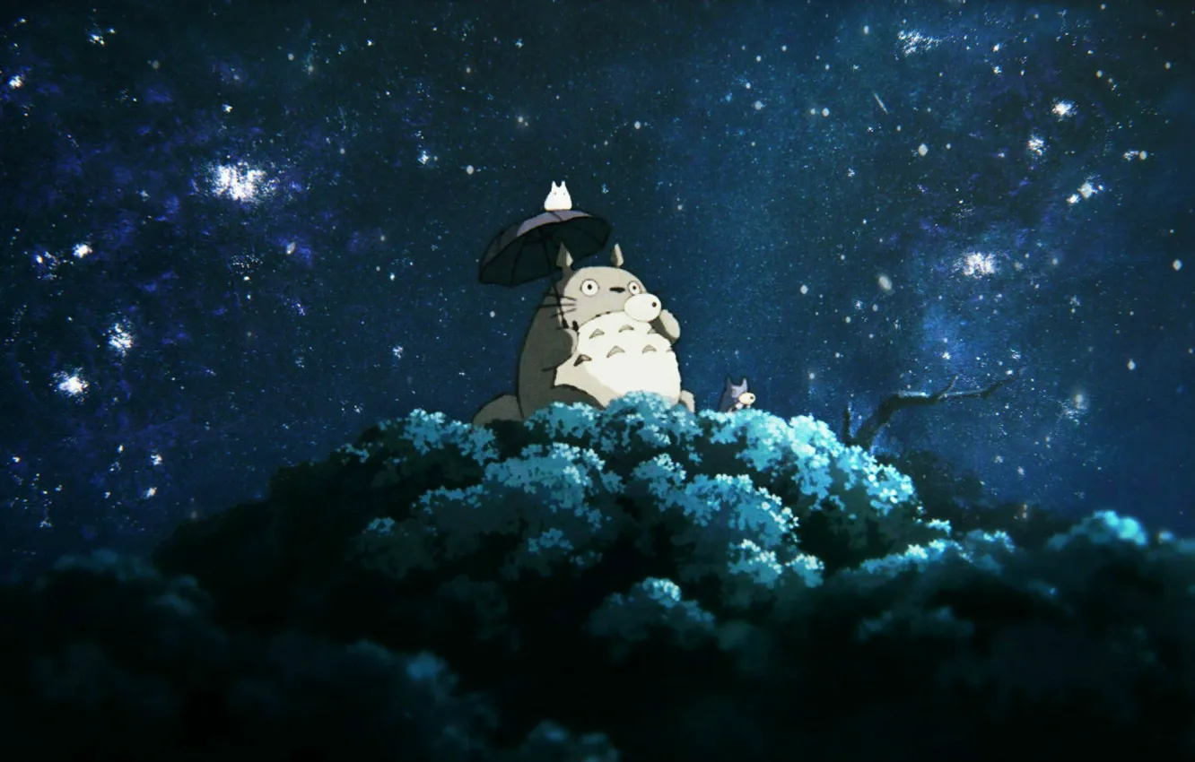 Фото обои ночь, дерево, Мой сосед Тоторо, My Neighbor Totoro, пьют чай