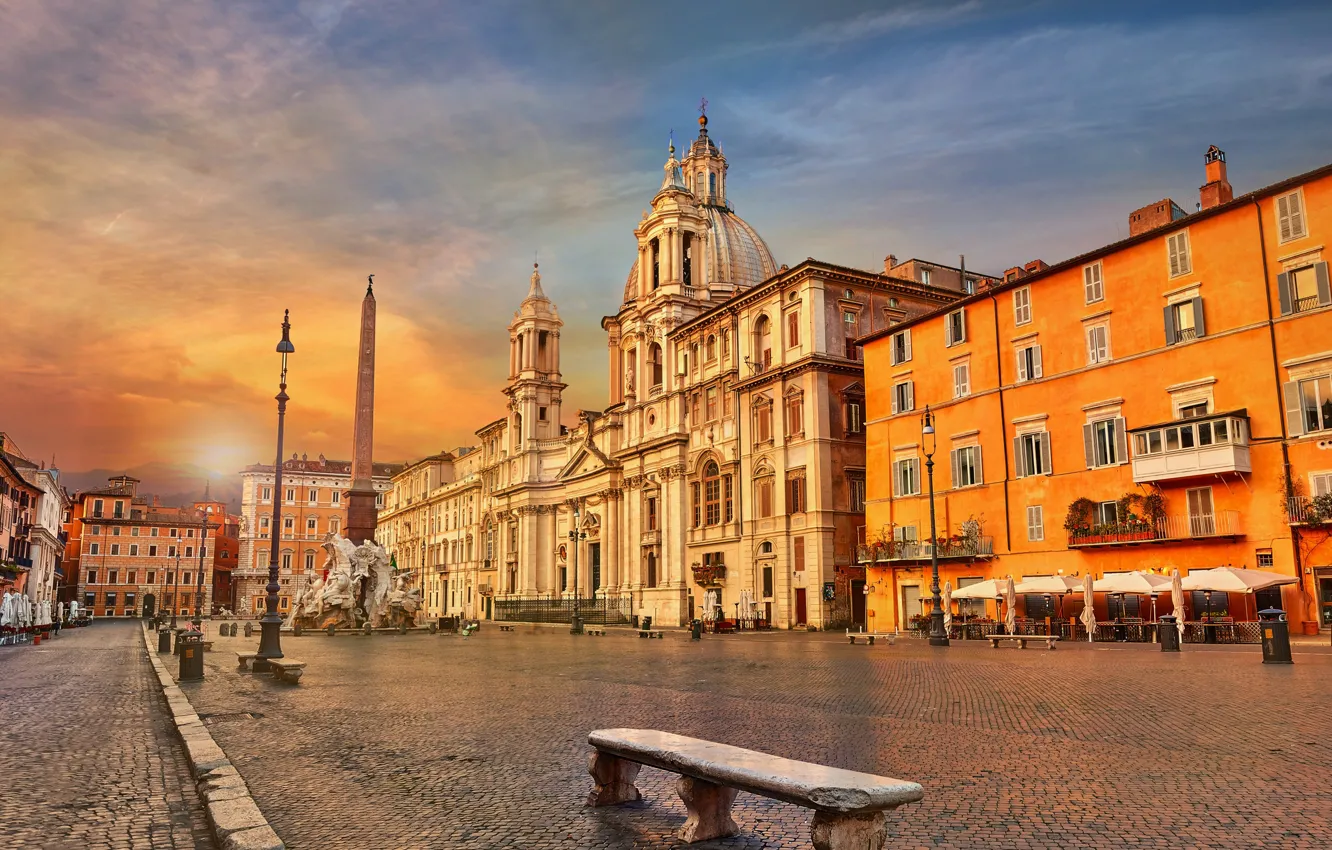 Фото обои площадь, Рим, Италия, скамья, обелиск, Пьяцца Навона, Фонтан Четырёх Рек