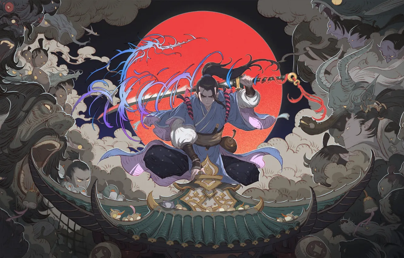 Фото обои меч, катана, бой, самурай, sword, демоны, katana, иллюстрация