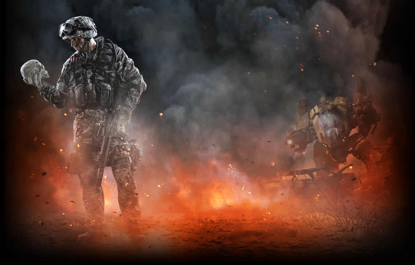 Фото обои пепел, оружие, дым, череп, солдат, гром, Warface