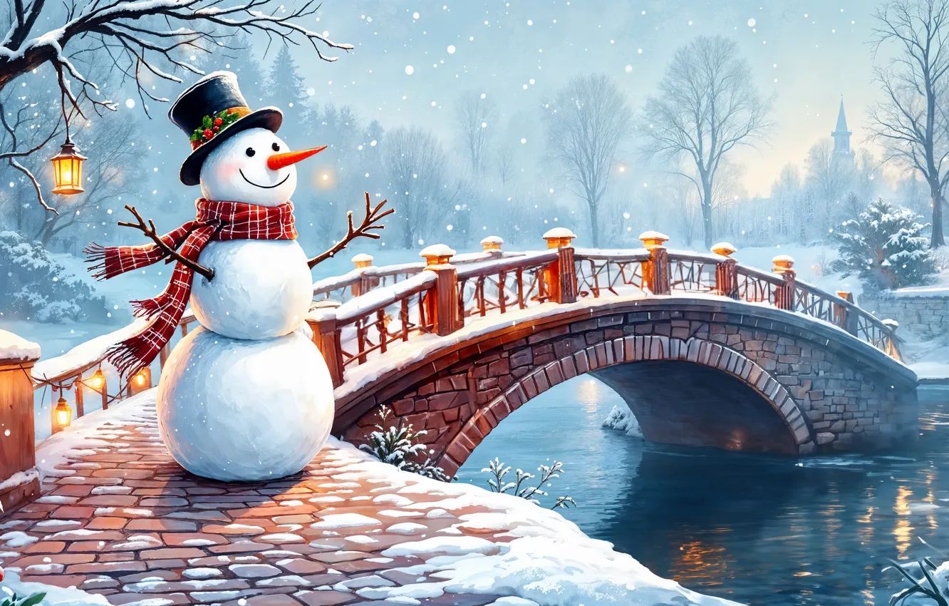 Фото обои зима, снег, украшения, Рождество, Новый год, снеговик, happy, Christmas