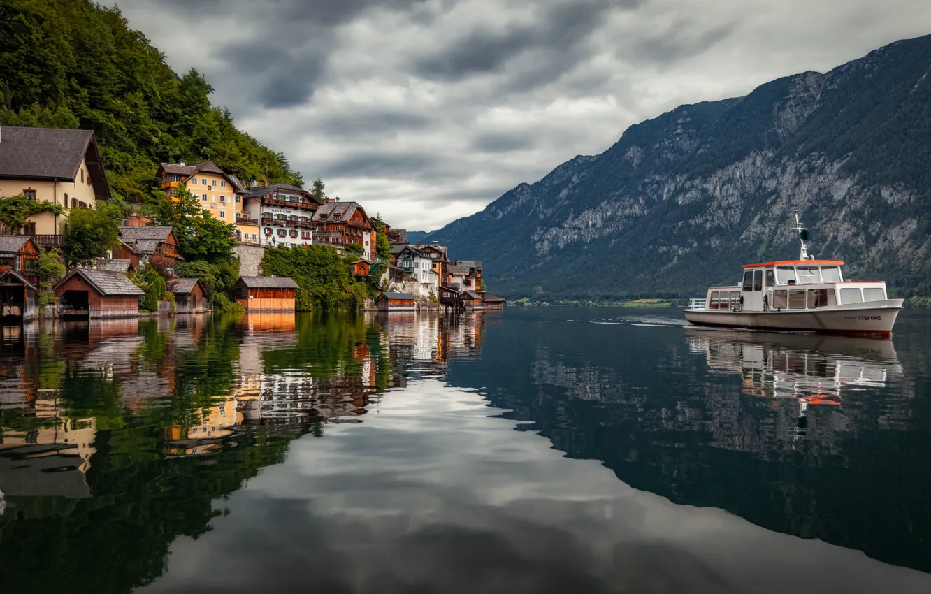 Фото обои горы, озеро, здания, дома, Австрия, Альпы, теплоход, Austria