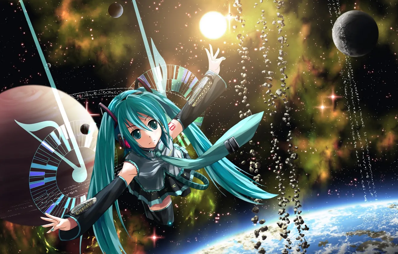 Фото обои девушка, космос, земля, планета, аниме, арт, vocaloid, hatsune miku