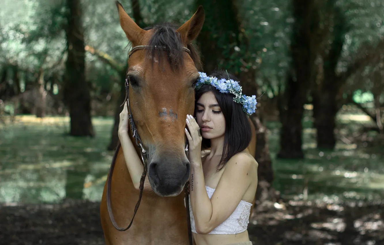 Фото обои девушка, конь, брюнетка