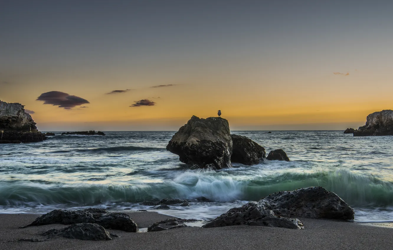 Фото обои волны, пляж, закат, океан, скалы, Каллифорния