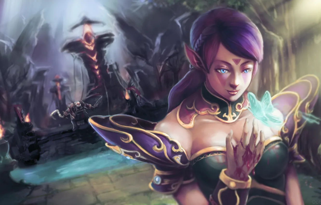 Фото обои девушка, река, бабочка, кровь, башня, арт, Dota 2, Butcher