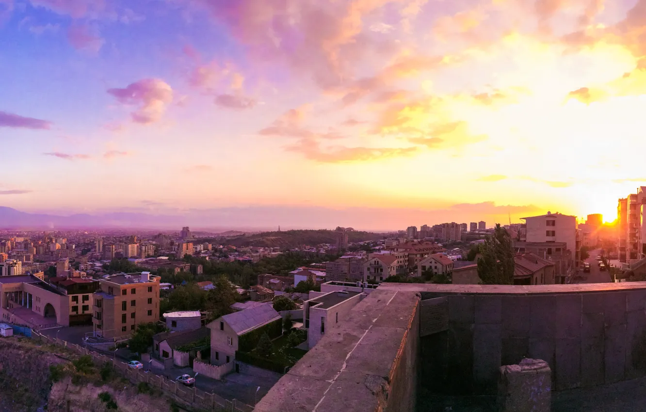 Фото обои небо, солнце, пейзаж, закат, каскад, Armenia, Армения, Ереван