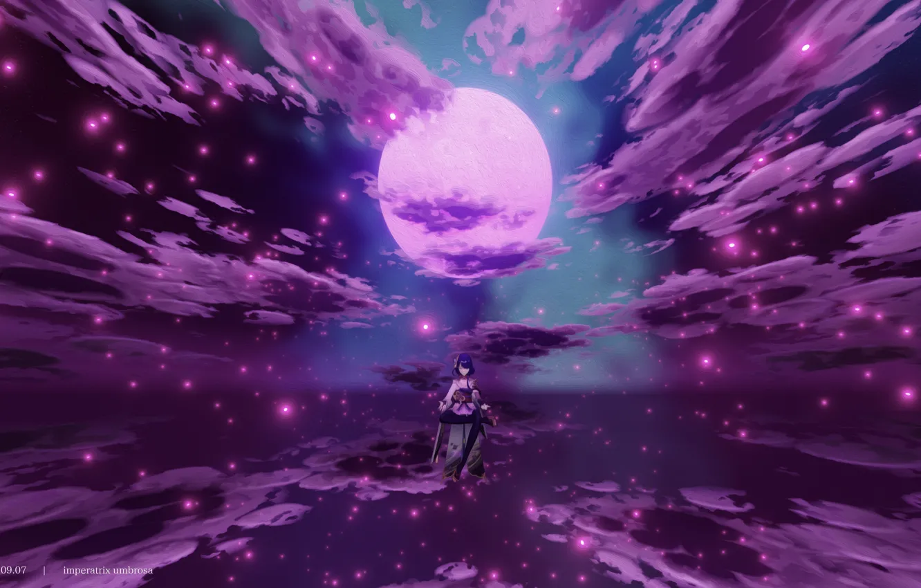 Фото обои вода, девушка, облака, ночь, огни, луна, Genshin Impact, Raiden Shogun