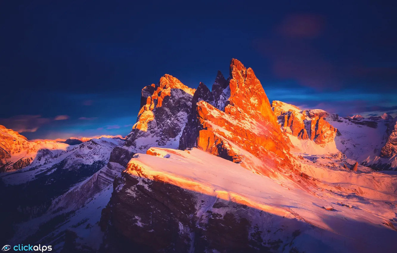 Фото обои зима, закат, горы, скалы, вечер, Италия, хребет, Доломитовые Альпы