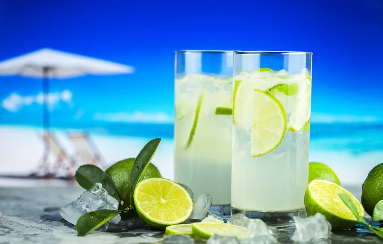 Фото обои пляж, стакан, лайм, напиток, лимонад