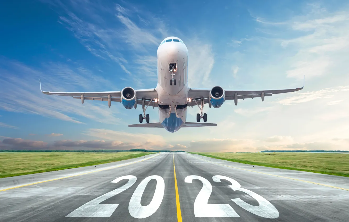 Фото обои Дорога, Самолет, Новый Год, Лайнер, New Year, Взлет, 2023