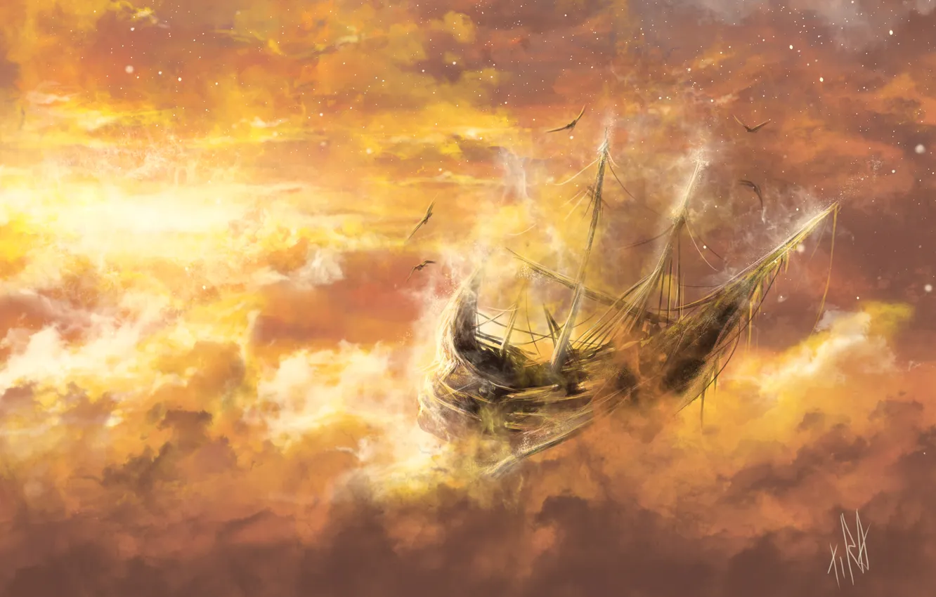 Фото обои облака, птицы, фантазия, корабль, арт
