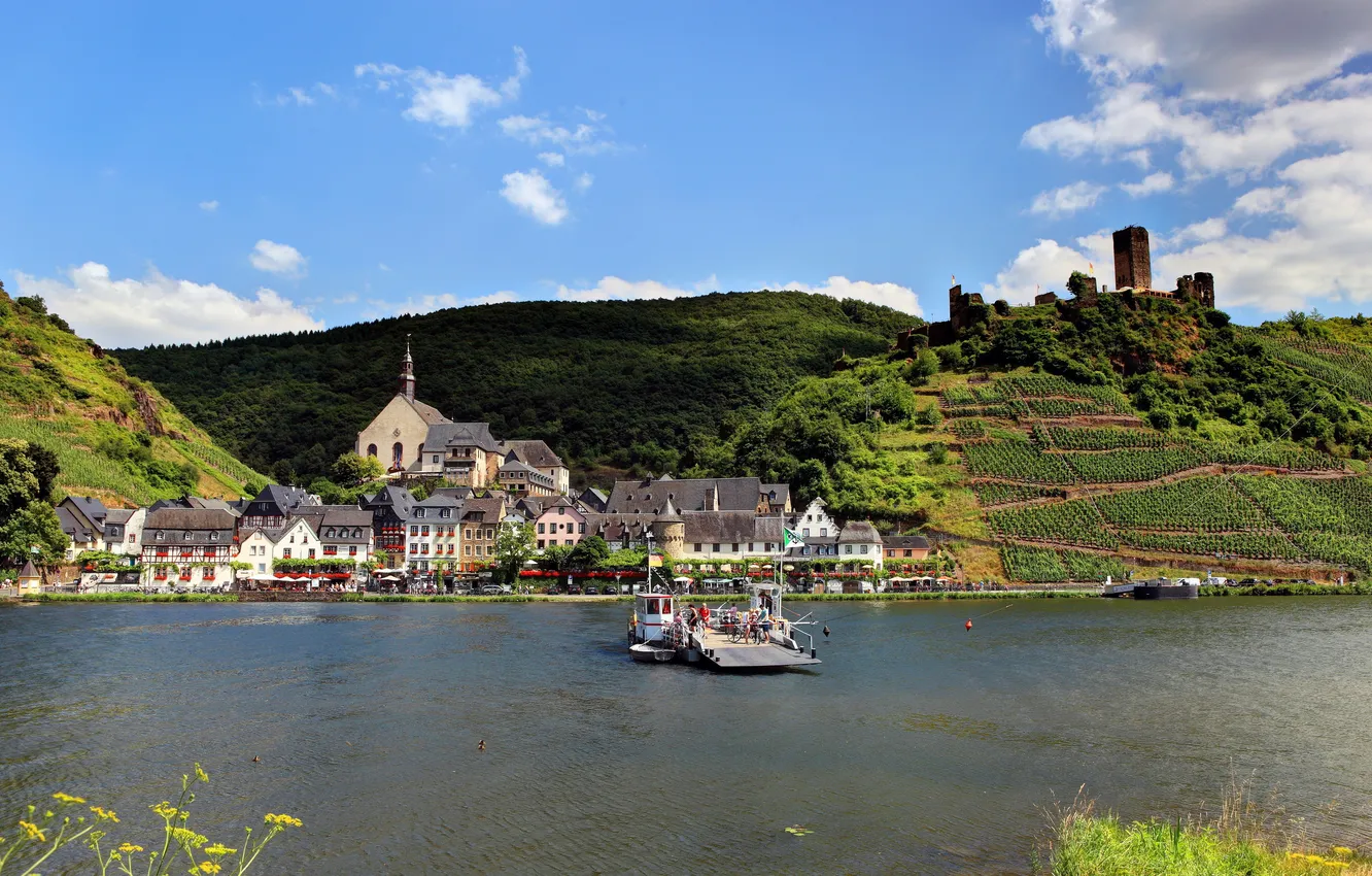 Фото обои город, река, побережье, дома, Германия, паром, Ellenz-Poltersdorf