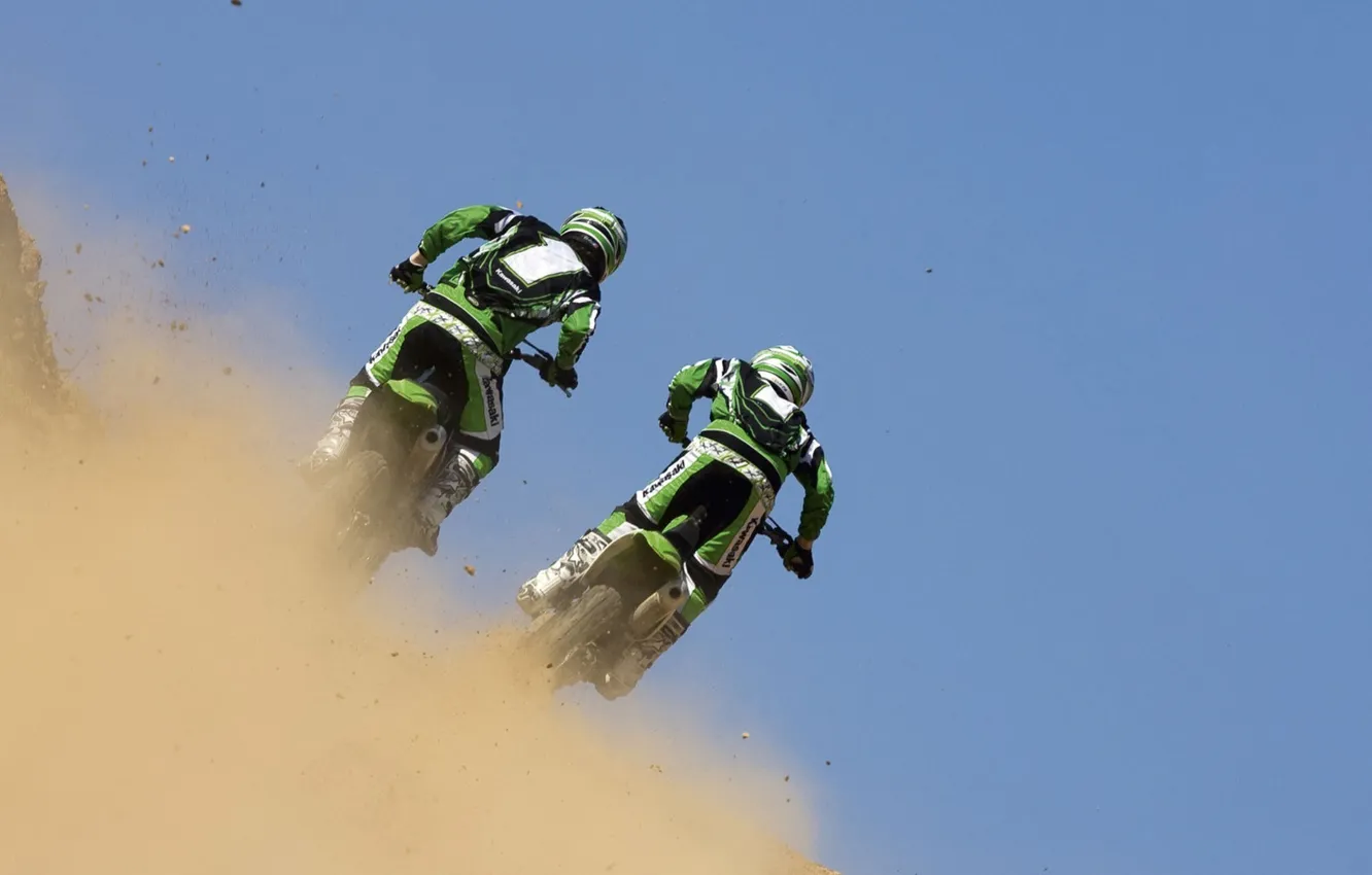 Фото обои пыль, соперничество, Kawasaki KX250