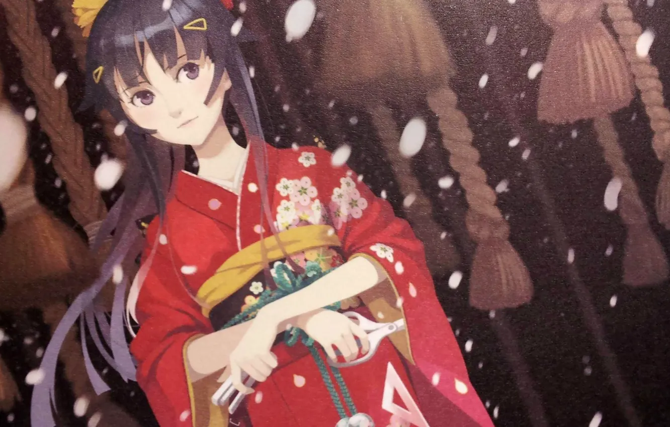 Фото обои снег, веревки, кимоно, senjougahara hitagi, bakemonogatari, истории чудовищ, канцелярские принадлежности