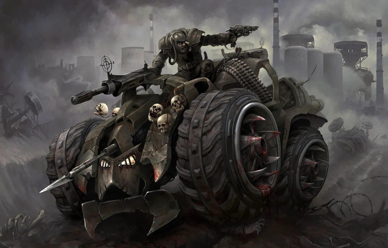 Фото обои car, battlefield, skull, gun, blood, pistol, fantasy, soldier