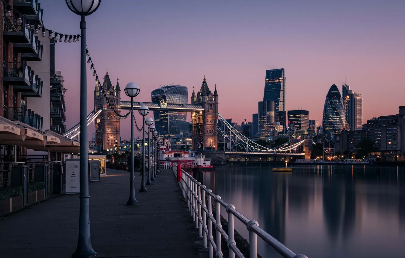 Фото обои мост, огни, река, дома, вечер, Tower Bridge, London