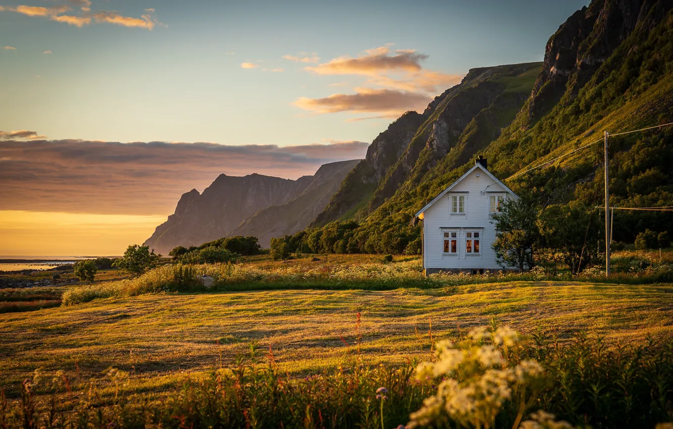 Фото обои закат, горы, дом, луг, Норвегия, Andøya Island, Norway Остров Аннёйа
