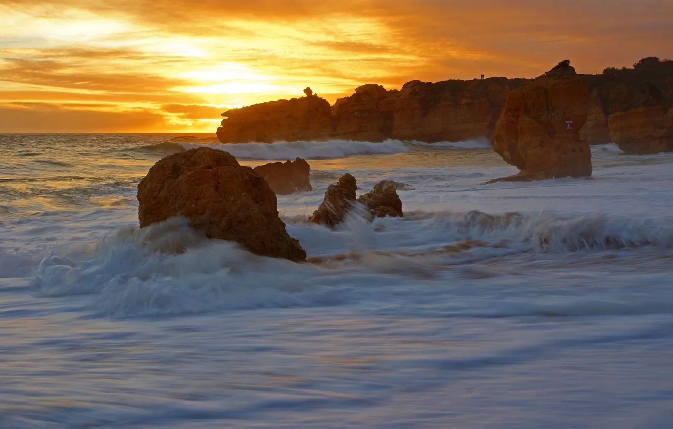 Фото обои закат, скалы, побережье, прибой, Португалия, Portugal, Атлантический океан, Atlantic Ocean