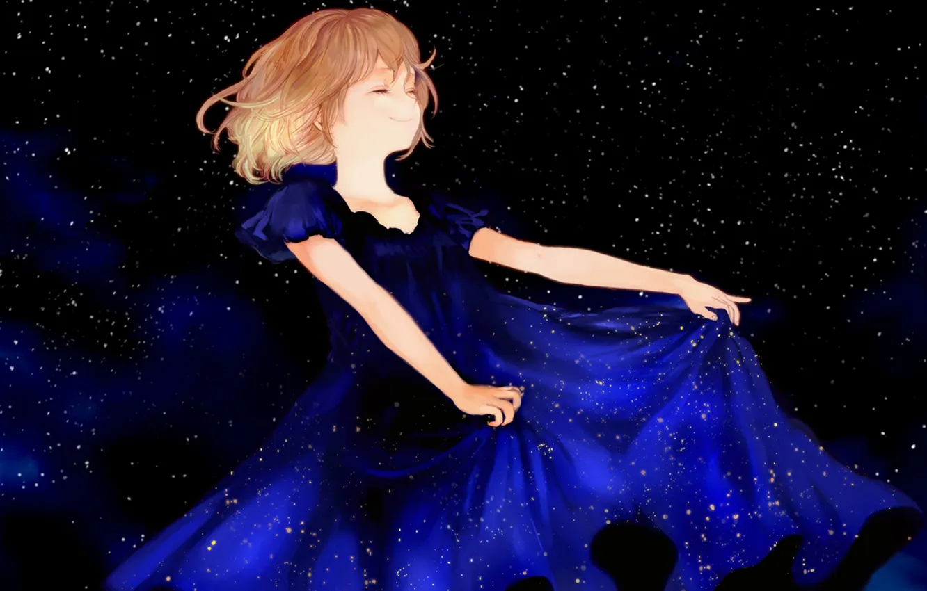 Фото обои звезды, ночь, улыбка, Девушка, синее платье