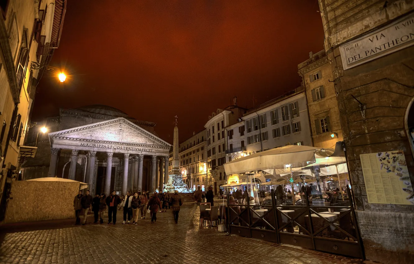 Фото обои ночь, огни, улица, Рим, Италия, фонтан, обелиск, Пантеон