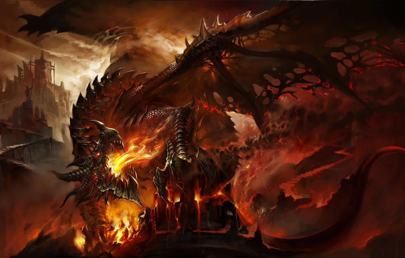 Фото обои Дракон, руины, WoW, World of Warcraft, Смертокрыл