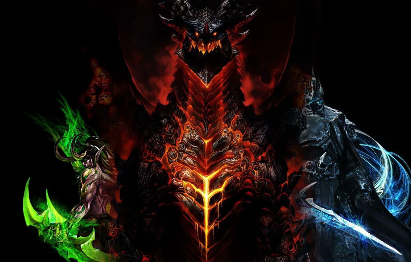 Фото обои World of Warcraft, черный фон, близзард, смертокрыл, иллидан, варкрафт, король лич, Blizzard Entertainment