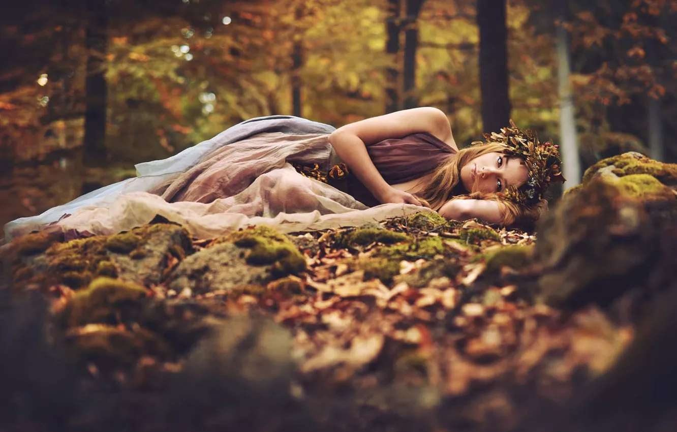 Фото обои осень, лес, взгляд, девушка, листва, платье, лежит, венок