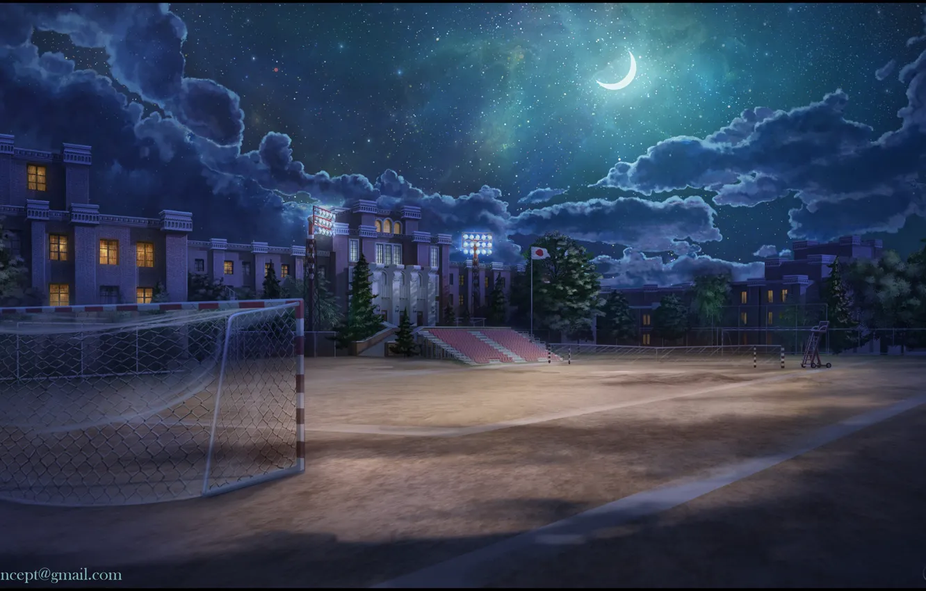 Фото обои ночь, здание, ворота, площадка, School Ground at Night