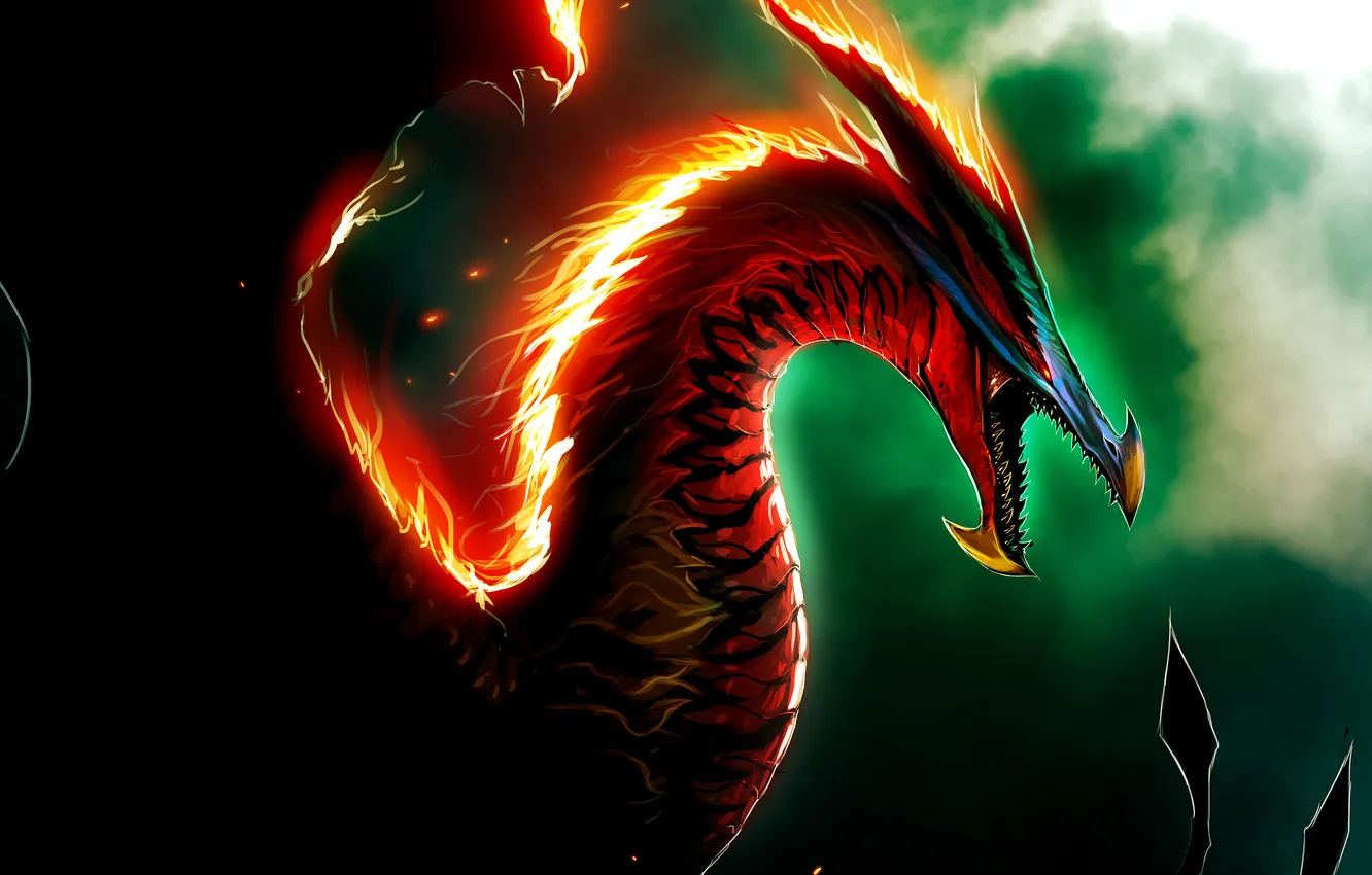 Фото обои тьма, огонь, пламя, dragon