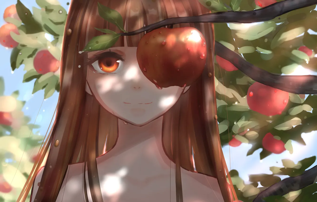 Фото обои лето, девушка, яблоко, сад