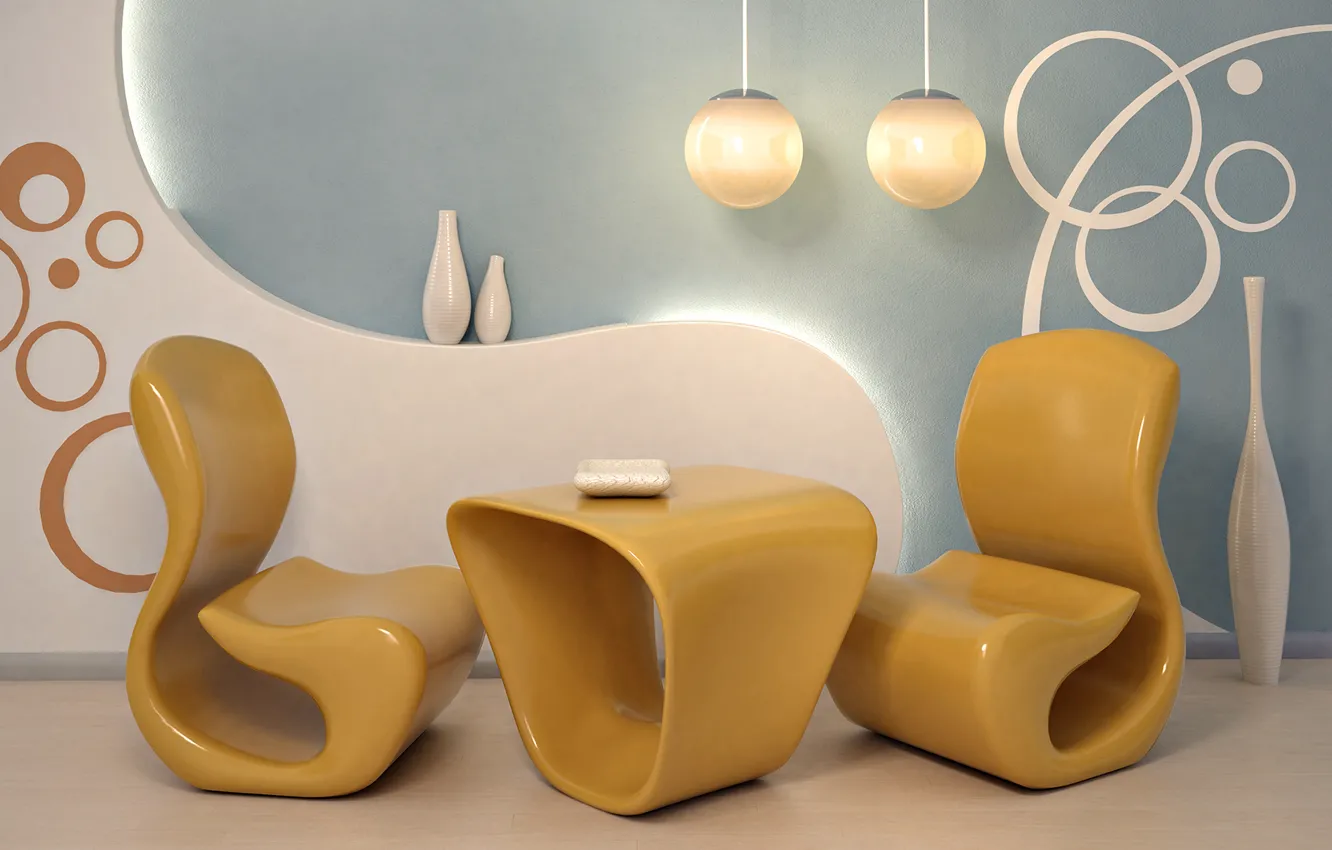 Фото обои дизайн, стиль, комната, интерьер, кресло, ваза, форма, желтое
