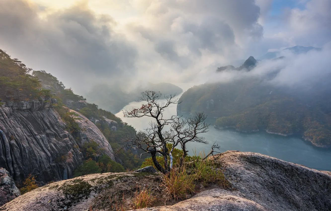 Фото обои облака, пейзаж, горы, природа, туман, река, Корея
