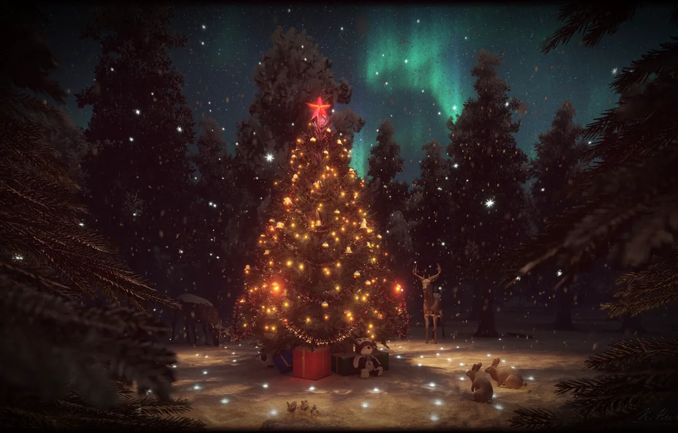 Фото обои северное сияние, олень, зайцы, ёлочные украшения, зимний лес, новогодняя ночь, подарки новогодние, нарядная ёлка