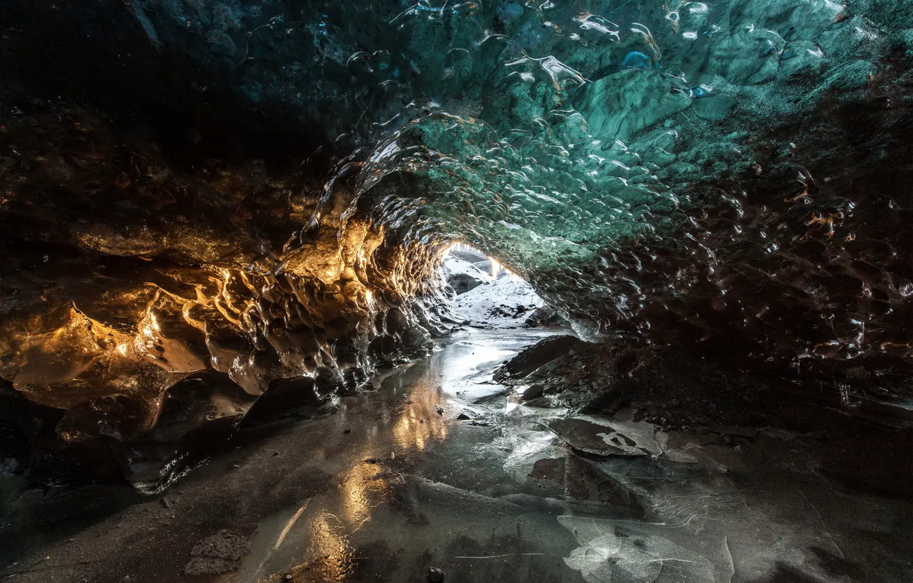 Фото обои холод, лед, свет, пещера, вход, грот