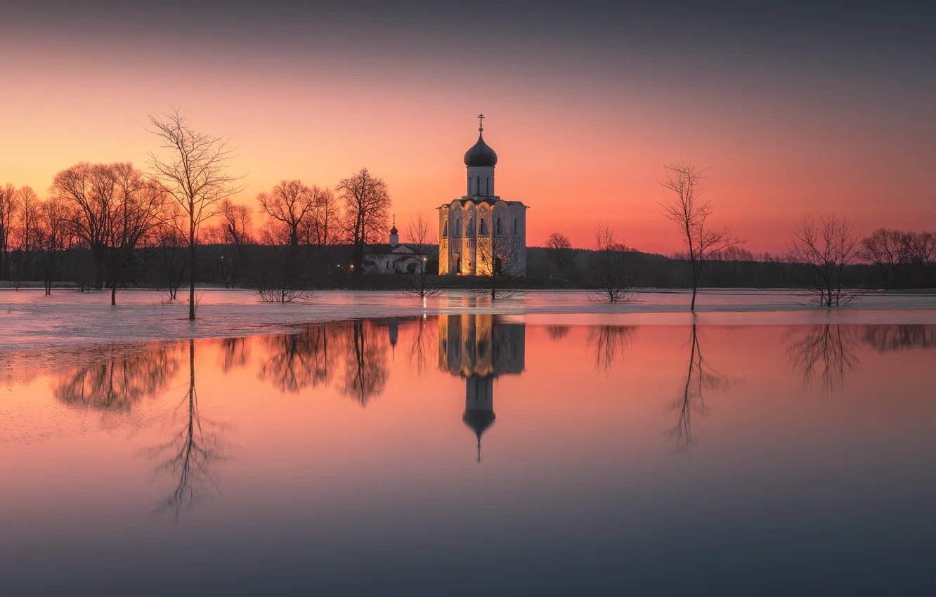 Фото обои закат, весна, церковь, Политова Анна