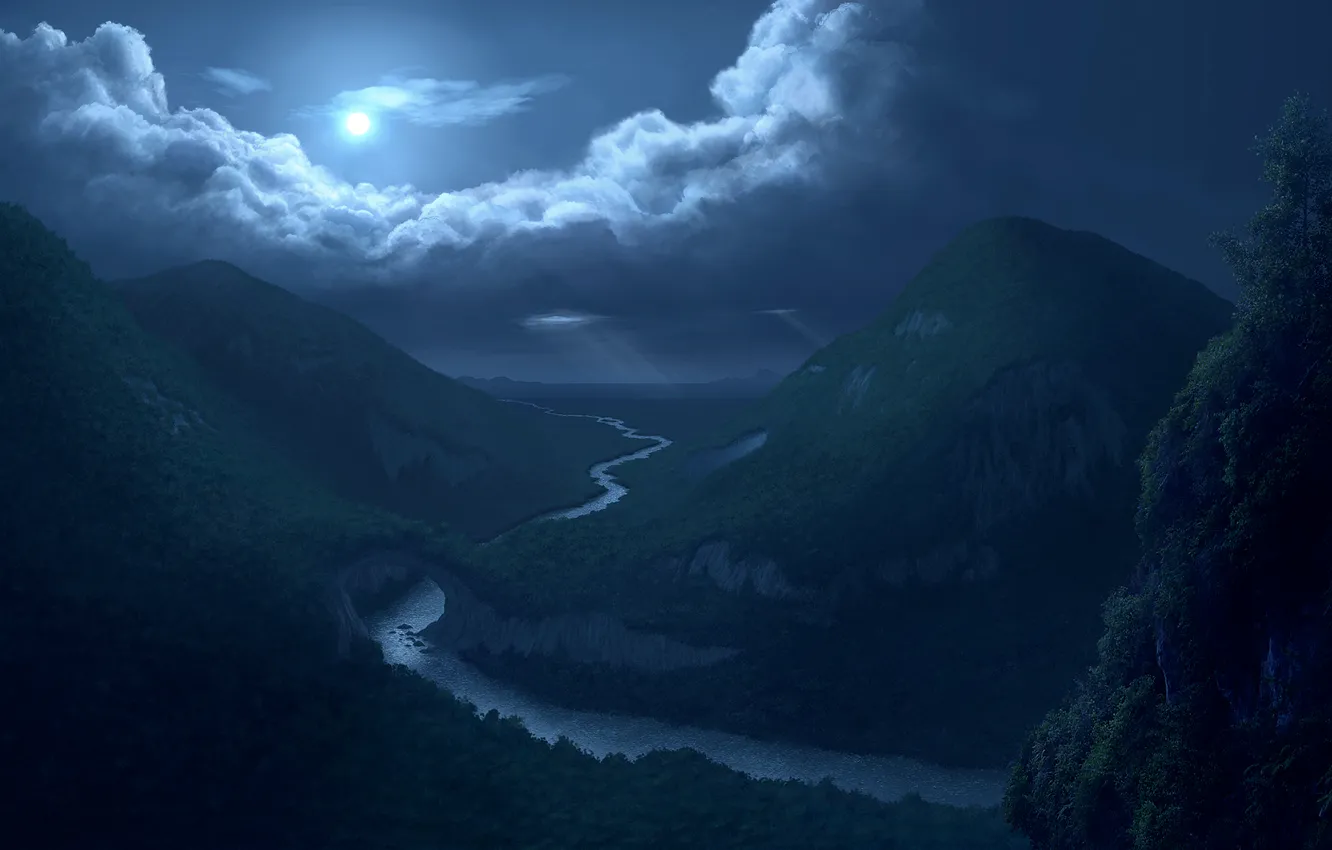 Фото обои ночь, река, луна