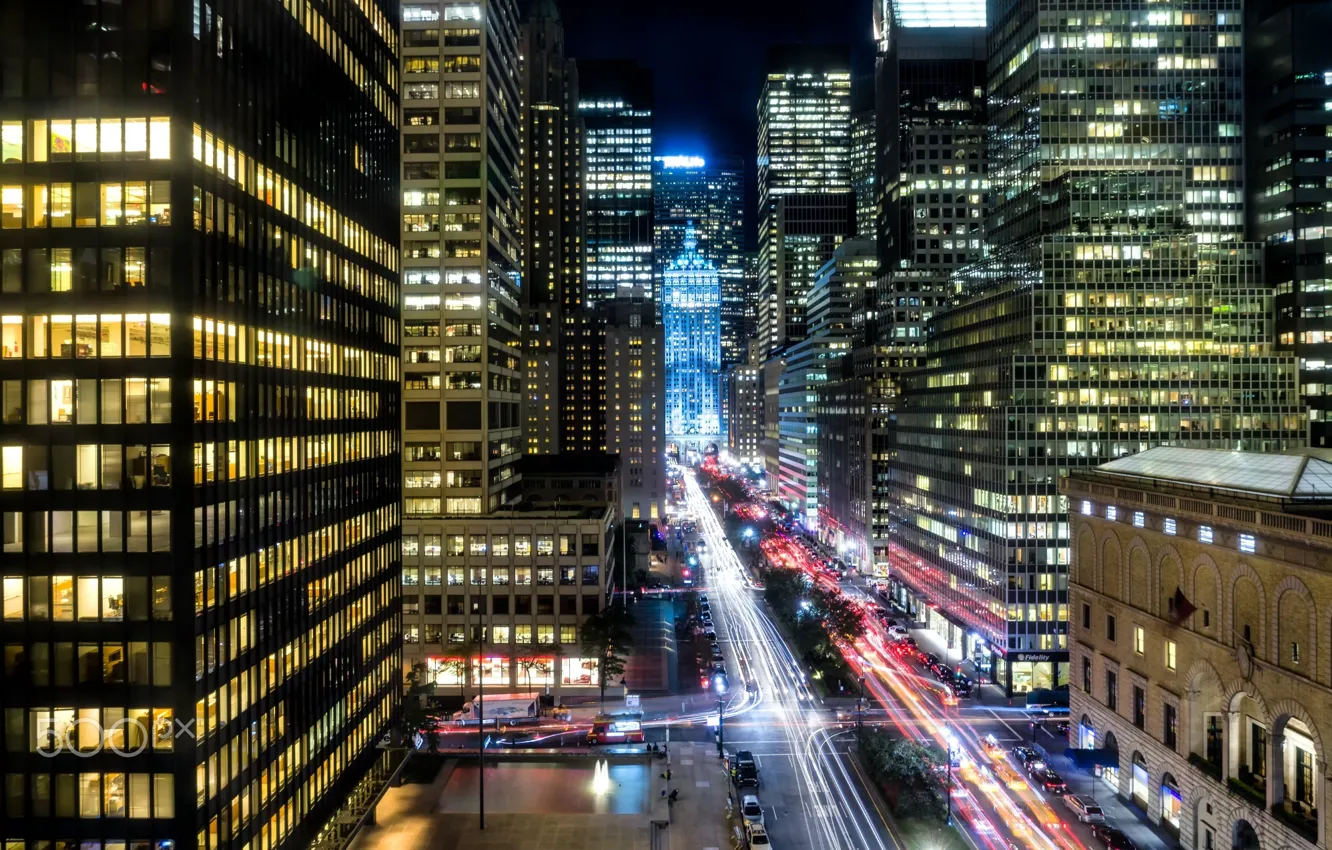 Фото обои свет, ночь, город, улица, дома, выдержка, США, Нью Йорк