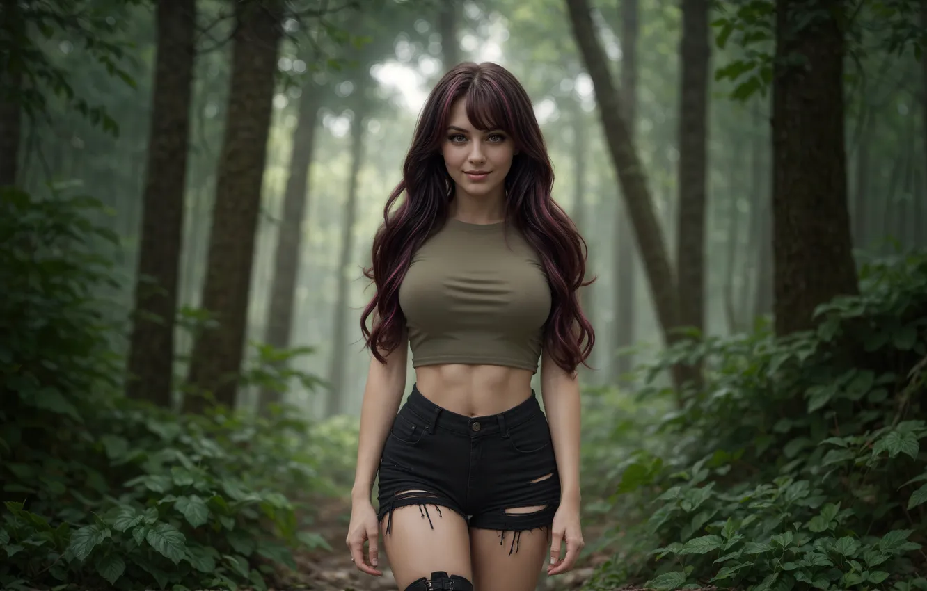 Фото обои forest, long hair, women, brunette, wavy hair, depth of field, AI art, Stable Diffusion
