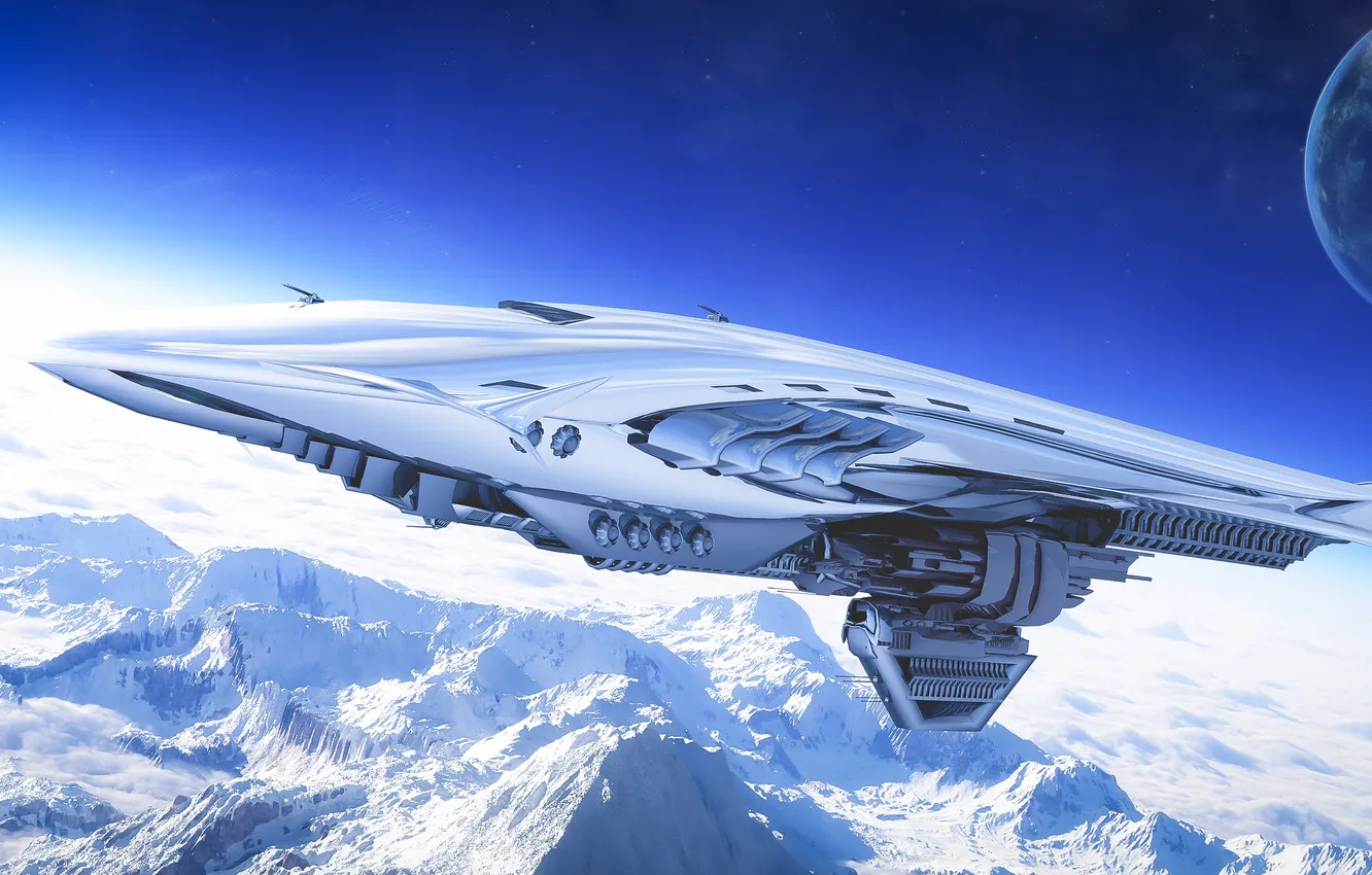 Фото обои снег, горы, корабль, планета, арт, орбита