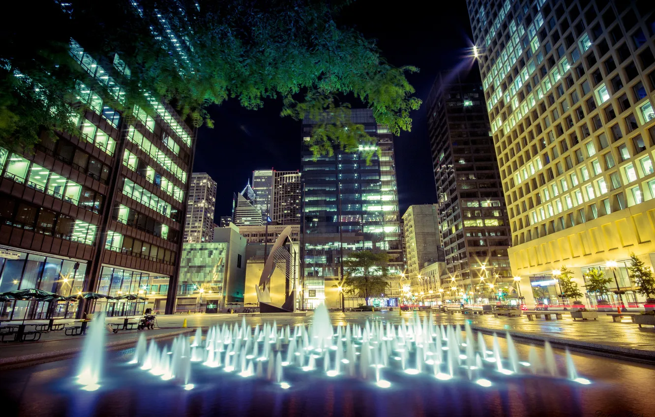 Фото обои ночь, город, подсветка, фонтан, Chicago, Daley Plaza