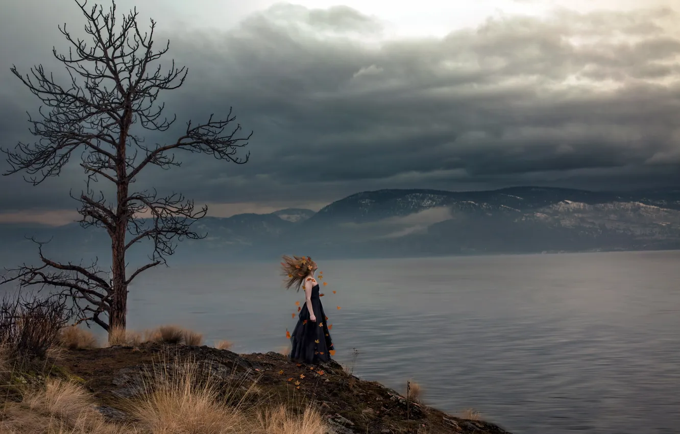 Фото обои море, листья, девушка, деревья