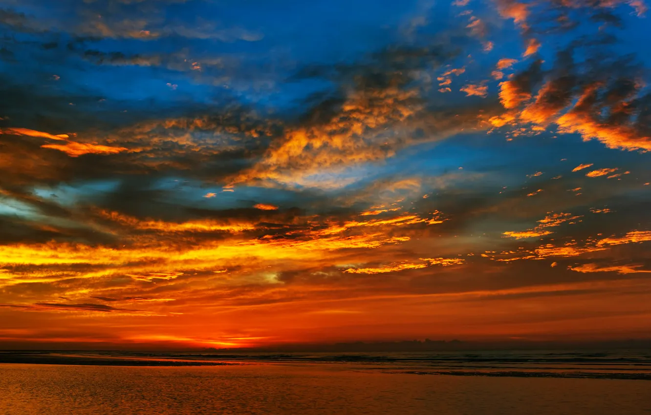 Фото обои море, небо, облака, закат, горизонт, зарево