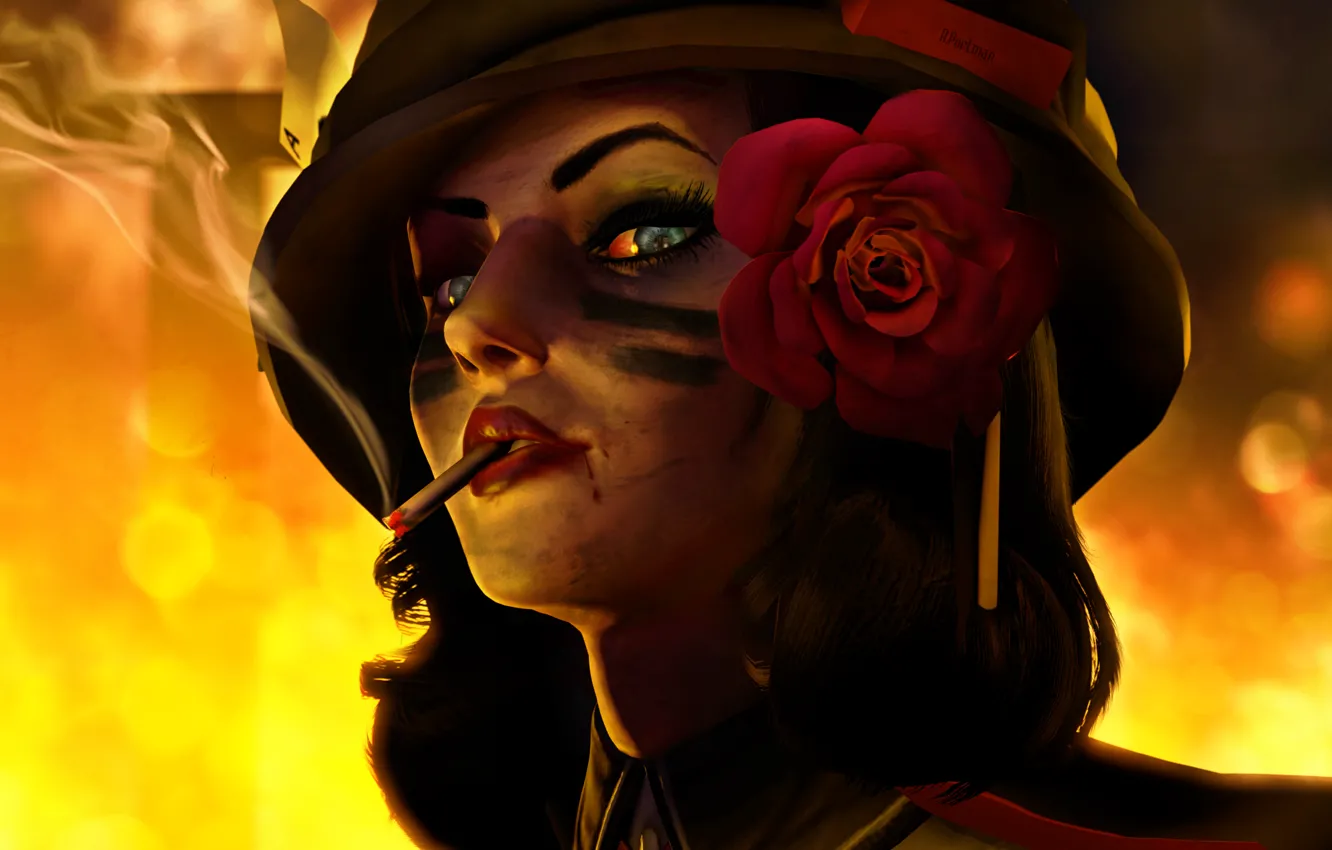 Фото обои девушка, огонь, война, сигарета, шлем, Elizabeth, BioShock Infinite