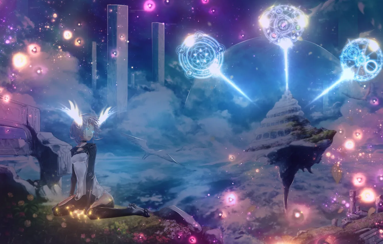 Фото обои космос, фантастика, магия, знаки, летающий остров, девушкa, by Shijori