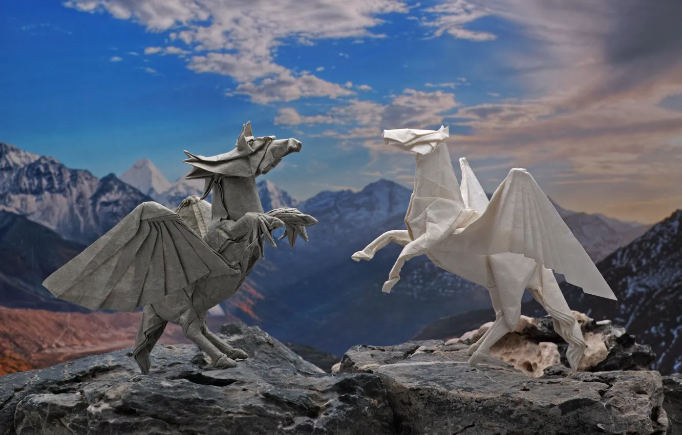 Фото обои бумага, конь, дракон, крылья, оригами