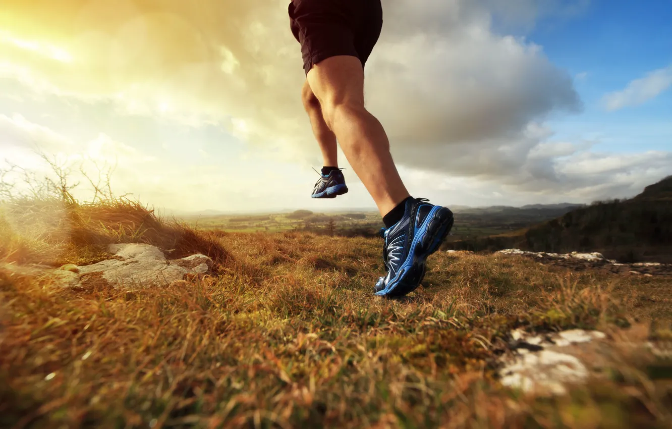 Фото обои field, physical activity, runner, sports shoes